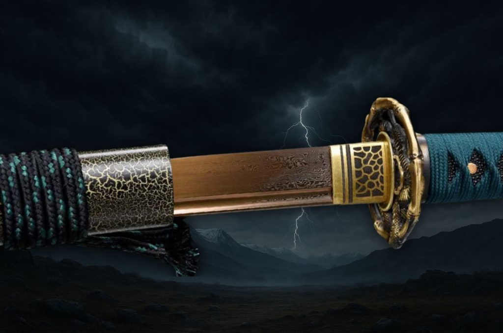 Katana traditionnel en Acier Damas Doré